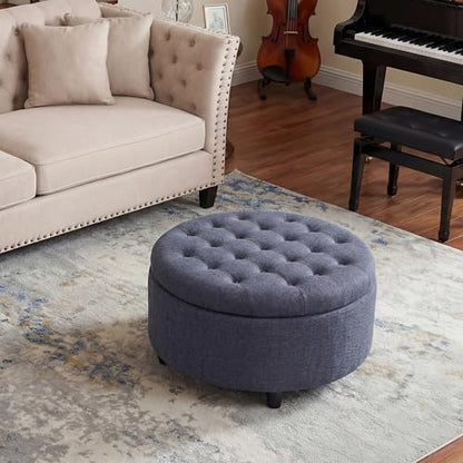 COLAMY Round Hidden Storage Ottoman with Reversible Tray Lid – Multi-Functional Footrest, Sturdy & Stylish Fabric Coffee Table for Living Room, Bedroom, or Entryway, Blue - color: Blue