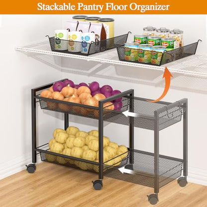 3IngSeagulls 2-Tier Expandable Rolling Pantry Floor Organizer, Stackable Pantry Storage Cart with Wheels, Kitchen Fruit and Vegetable Storage Rack for Onion, Potato, Food, Snacks