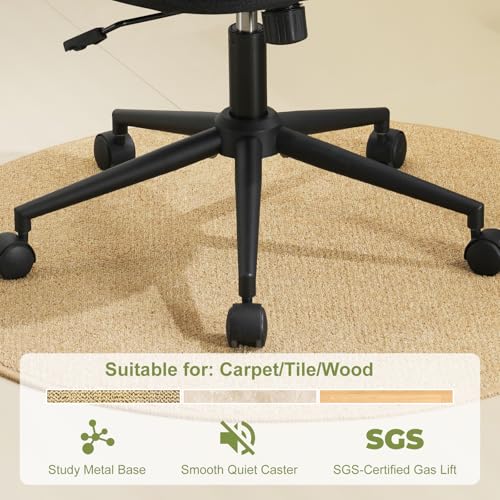 Armless Office Chair with Wheels, Luxury Chenille Swivel Desk Chair with Ergonomic Curved Full Back, Double-Layer Seat, Adjustable Modern Vanity Chair for Makeup, Home Office, Black - color: Black, size: Full Back