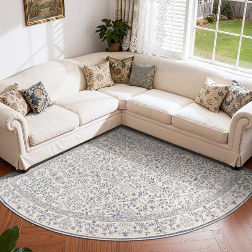 jinchan 6x6 Washable Corner Area Rug, Soft Floral Non-Slip, Blue/Cream | Low-Pile, Aesthetic Carpet for Entryway Bedroom Kids Room Kitchen College Dorm - color: Blue/Cream, size: 6' x 6' (Corner)