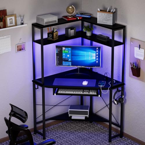 Corner Desk with Hutch and LED Light, Keyboard Tray, Black - color: Black