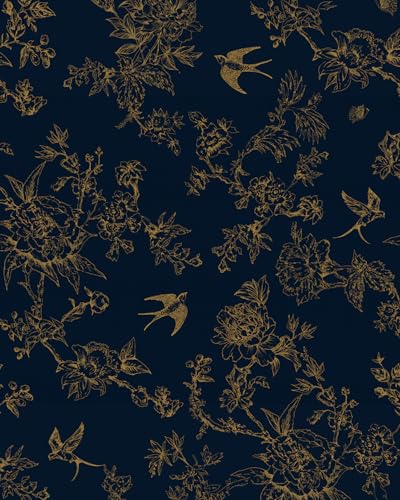 Simon&Siff Dark Blue and Glod Vintage Floral Birds Peel and Stick Wallpaper | 120" x 17.3" Removable Self Adhesive Waterproof Contact Paper, Renter Friendly Wall Paper for Cabinets, Furniture, DIY Decor - color: Dark Blue and Gold, size: 17.3" x 120"