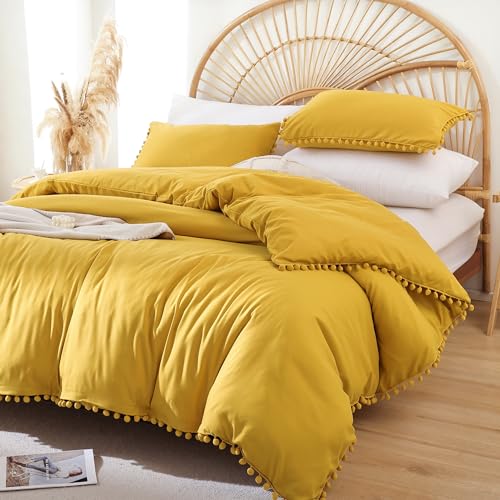 YIRDDEO Queen Comforter Set, Mustard Yellow Ball Pom Fringe Bedding 3 Pcs | Solid Color Queen Comforter Soft Boho Fluffy Reversible Lightweight Comforter 90"x90"& 2 Pillow Shams 20"x26" for All Seasons - color: Mustard Yellow, size: Queen