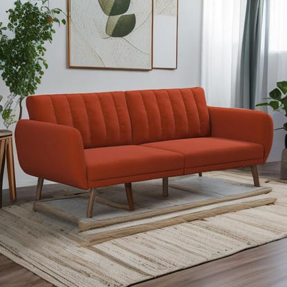 Novogratz Brittany 82 Inch Futon Sofa Bed in Linen, Upholstered Couch Sleeper with Tufted Back, Mid-Century Modern Design, Persimmon - color: Persimmon Linen