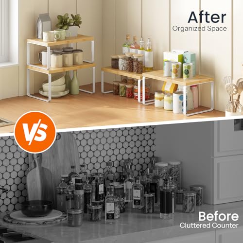 HOOBRO Cabinet Organizer Shelf, Set of 2 Kitchen Counter Shelves, Expandable Kitchen Storage, Stackable Bamboo Spice Rack, for Kitchen, Countertop, Office Desk, Bathroom, Natural and White YW30TL01 - color: Natural, White