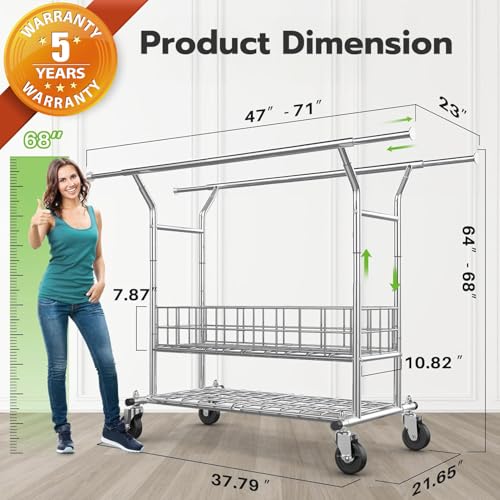 HOKEEPER Heavy Duty Clothes Rack Load 635 LBS, Double Rod with Metal Basket | Adjustable Clothing Rack, Rolling Garment Rack with Wheels for Bedroom, Living Room, Large Storage Space, 21.6"Dx71"Wx68"H - color: Silver