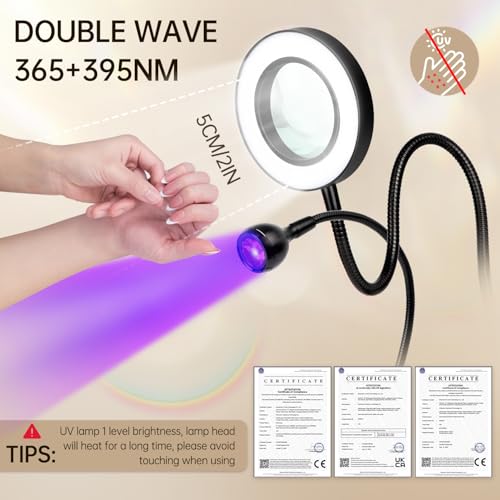 AORAEM LED UV Nail Lamp with Double-Head and 6X Magnifier, Black | Gooseneck Lamp for Gel Nails, Flash Cure Lamp for Home DIY Salon - color: Magnifier-Black