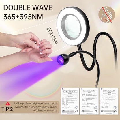 AORAEM LED UV Nail Lamp with Double-Head and 6X Magnifier, Black | Gooseneck Lamp for Gel Nails, Flash Cure Lamp for Home DIY Salon - color: Magnifier-Black
