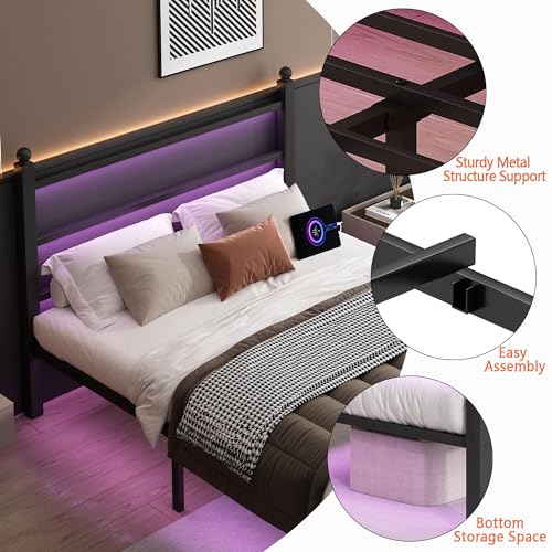 CLIBFENG Full Size Bed Frame with Headboard and Footboard,Steel Slats Support-LED Bed Frame with Charging Station,Mattress Foundation-Under Bed Storage, No Box Spring Needed,Noise Free,Black - size: Full 2, style: Black