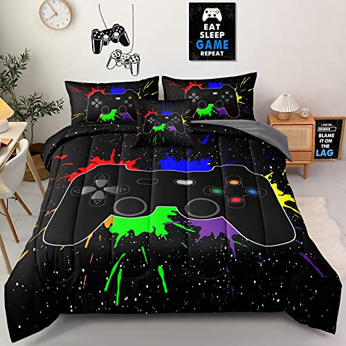 5 Pieces Gaming Bedding Set Twin Size for Boys Gamer Comforter Set for Boys Girls Kids Teens 5 Piece Bed in A Bag Video Game Bedding for Gamer Room Decorative Twin27 - color: Black, size: Twin