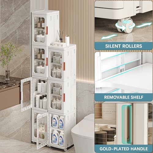 Tall Narrow Storage Cabinet, Plastic Organizer with Wheels, 4-Tier/White | Foldable Slim Cabinet for Bathroom, Kitchen, Laundry and Small Spaces, Adjustable Shelves & Magnetic Doors, Movable Wheels - size: 11.4"D x 14.6"W x 65.4"H