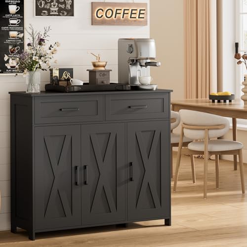 Homhedy Coffee Bar Storage Cabinet with Drawers, Kitchen Buffet Cabinet | Sideboard Cabinet with Doors, Farmhouse Buffet Cabinet, Adjustable Shelves, for Kitchen / Dining / Living Room, Black - color: Black