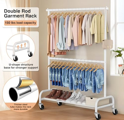 MISSLO Heavy Duty Clothing Racks for Hanging Clothes Rack Double Rod Garment Rack Rolling Closet Wardrobe Rack on Wheels, Metal, Adjustable, White - color: White