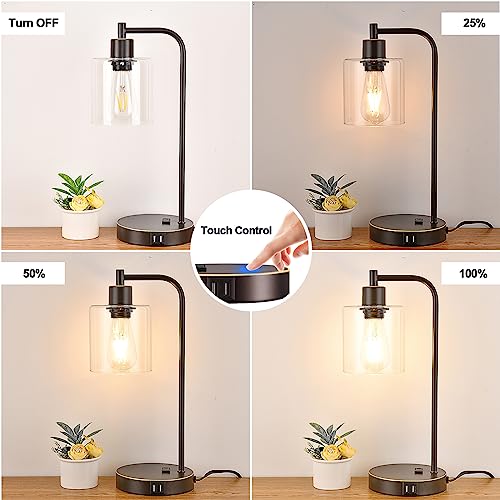Industrial Touch Table Lamps Set of 2 - Bedside Lamps with 2 USB Ports & AC Outlet, 3-Way Dimmable Nightstand Desk Lamp for Bedroom Living Room, Glass Shade & 2 LED Bulbs Included - Oil-Rubbed Bronze - color: Oil-Rubbed Bronze with Gold Edge
