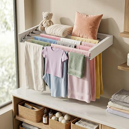 Wall Mounted Clothes Drying Rack Collapsible, Pure Stainless Steel Folding Laundry Drying Rack for Indoor Outdoor Use, Heavy Duty Wall Mounted Clothes Rack White