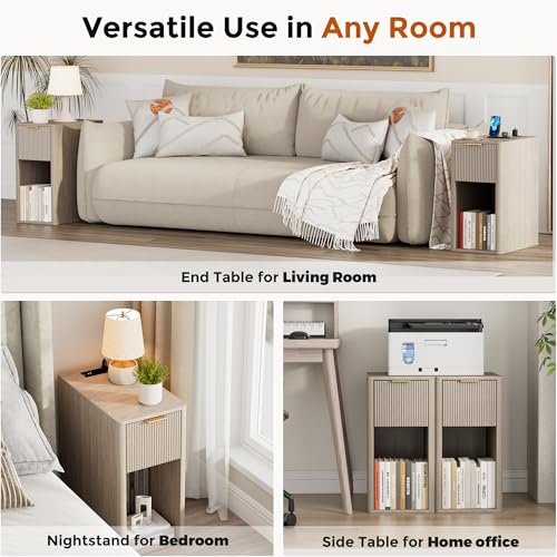Homleke Narrow End Table with Fluted Drawer & Charging Station | Compact Nightstand with USB Ports & Outlets, Bedside Table for Bedroom, Living Room, Modern Accent Table, Light Gray Oak - color: Light Gray Oak