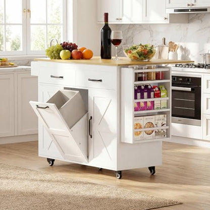 YESHOMY Kitchen Island on Wheels with Trash Cabinet, 56" Mobile Cart with Drop Leaf and Drawers, Rolling Portable Table with Spice Rack & Towel Holder for Dining Room, White & Brown - color: White & Brown