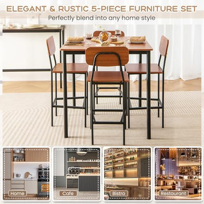 Giantex 5-Piece Dining Table Set W/Counter Height Table & 4 Bar Stools, Industrial Kitchen Dining Table Set W/Footrest & Backrest, Space-Saving Dinette Set for Pub, Dining Room, Restaurant (Walnut) - color: Walnut