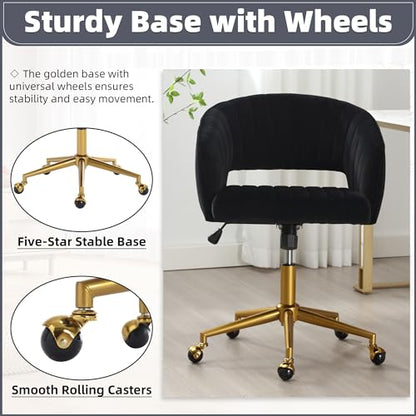 Desk Chair with Wheels, Gold Base, Velvet Accent Vanity Armchair, Black | Spacious‌ Soft Seat, Swivel Height Adjustable, Rocking Function, Modern Stripe for Girls &Women Bedroom Makeup or Nail - color: Black Velvet