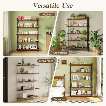 Industrial Bookshelf, Pipe Shelf Bookcase, 5 Tier, 48" Walnut | Solid pine shelves, 48 inch wide, black pipe frame, 50 lbs per shelf, open bookcase for books, plants, office - color: Walnut Brown, size: 48"L × 70"H