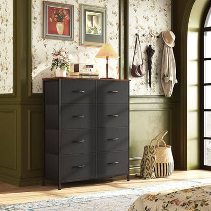 WLIVE Tall Fabric Dresser with 8 Drawers, Storage Tower with Fabric Bins, Double Dressers, Chest of Drawers for Closet, Bedroom, Living Room, Hallway, Dorm, Black and Rustic Brown | Black tall 8-drawer fabric dresser with bins, sleek modern tower for bedr