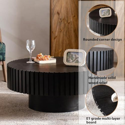 Round Fluted Drum Coffee Table with Pedestal Base | 31.5'' Modern Black Wooden Drum Center Table, Handcrafted Solid Wood Fluted Edge, For Living Room & Apartment - color: Round Black