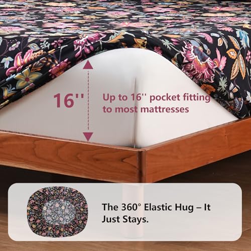 Bedlifes Floral Pattern Bed Sheet Set Twin Size, 16" Deep Pocket 3-Piece | Ultra Soft Microfiber, Breathable & Silky, OEKO-TEX Certified, Easy-Care Machine Washable, 3-Piece, All-Season Spring Bedding - color: Black Yellow, size: Twin