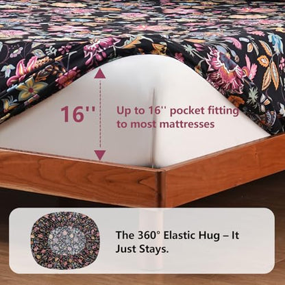 Bedlifes Floral Pattern Bed Sheet Set Twin Size, 16" Deep Pocket 3-Piece | Ultra Soft Microfiber, Breathable & Silky, OEKO-TEX Certified, Easy-Care Machine Washable, 3-Piece, All-Season Spring Bedding - color: Black Yellow, size: Twin