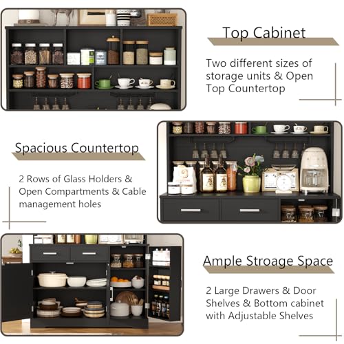 Tall Pantry Cabinet with Darwers, Modern Kitchen Hutch with Microwave Stand | Kitchen Pantry Storage Cabinet with Door Shelf, Food Pantry with Goblet Holders & Adjustable Shelves for Dining Room, Black - color: Black-goblet Holders