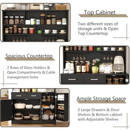 Tall Pantry Cabinet with Darwers, Modern Kitchen Hutch with Microwave Stand | Kitchen Pantry Storage Cabinet with Door Shelf, Food Pantry with Goblet Holders & Adjustable Shelves for Dining Room, Black - color: Black-goblet Holders