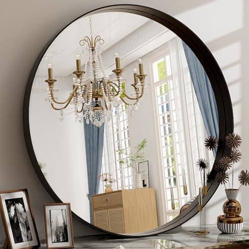 30 Inch Round Bathroom Mirror - Wall Mounted Circle Mirror with Metal Frame, Modern Mirror Suitable for Bathroom, Vanity, Entryway, Living Room, Wall Decor,Black - color: Black, size: 30"L x 30"W
