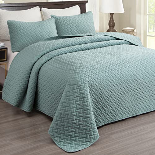 EMME Quilts Queen Size Bedding Sets, Lake Blue Bedspread Soft Lightweight Pre-Washed Quilt, 3 Piece Cozy Reversible Microfiber Coverlet with Pillow Sham (Basket Weave,90"x90") - color: 10-lake Blue (Basket Weave), size: Full/Queen(90" x 90")