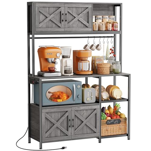 Huuger Large Bakers Rack with Power Outlet, Kitchen Microwave Stand with Cabinets, Coffee Bar Table Station with Storage, 6 S-Shaped Hooks, Mesh Shelves, 45 Inch Wooden Top, Grey - color: Charcoal Grey