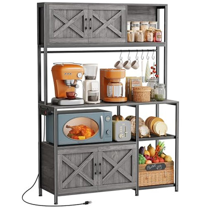 Huuger Large Bakers Rack with Power Outlet, Kitchen Microwave Stand with Cabinets, Coffee Bar Table Station with Storage, 6 S-Shaped Hooks, Mesh Shelves, 45 Inch Wooden Top, Grey - color: Charcoal Grey