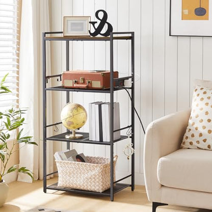 MAHANCRIS Bakers Rack with Power Outlet, Microwave Stand with Hooks, Multifunctional Storage Rack, Coffee Bar with Enclosure, Kitchen Storage Shelf, for Kitchen, Dining Room, Rustic Brown BRHR40E01N1 - color: Rustic Brown