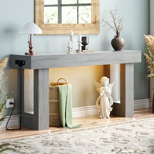Unikito 63" Console Table with Sensor Light and Oulets, White Oak | Narrow Entry Table with Open Storage, Farmhouse Sofa Tables Behind the Couch, Versatile for Entrance Foyer Living Room - color: White Oak, size: 63IN