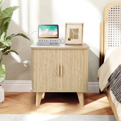 24" Large Square End Table with Charging Station, Farmhouse Fluted Sofa Side Table with Sliding Tambour Door & Storage, Curved Rustic Wood Nightstand for Living Room, Bedroom, Natural - color: Natural