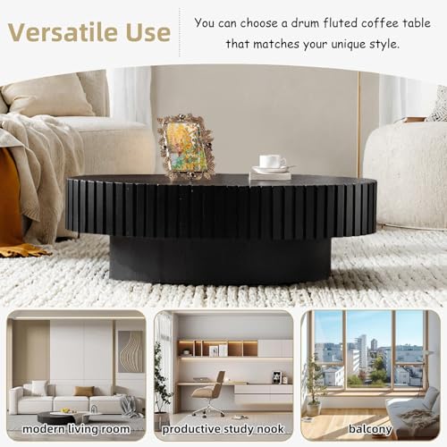 Oval Drum Fluted Coffee Table (A) | Modern Wood Coffee Table with Oval Pedestal Center Tables Fluted Accent Tea Tables for Apartment Living Room - color: A