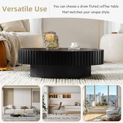 Oval Drum Fluted Coffee Table (A) | Modern Wood Coffee Table with Oval Pedestal Center Tables Fluted Accent Tea Tables for Apartment Living Room - color: A