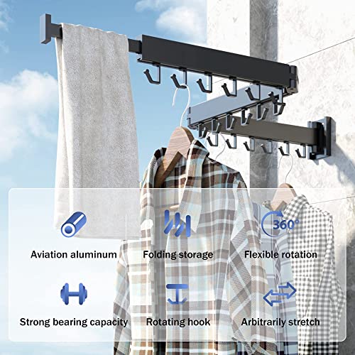 HEILAIYI Clothes Drying Rack for Laundry,Wall Mounted Clothes Hanger Rack,Folding,Retractable,Collapsible(J Shape Hooks) - size: Black/J-Shape Hooks