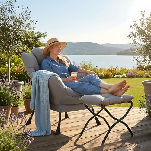Welnow Lazy Chair with Ottoman, Reading Chair with Footrest,Light Grey | A Side Pocket,Armrests,Foldable Footrest,Thick Cushioned Seat & Backrest, Lounge Chair for Bedroom,Living Room & Small Space - color: Light Grey