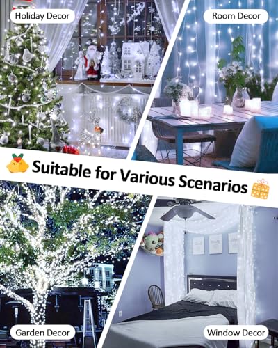 2 Pack 200 LED Battery Operated String Lights, Twinkle Lights Cool White | 66FT 8 Modes Christmas Fairy Lights Indoor Outdoor, Waterproof Battery Lights for Bedroom Party Porch Tree Holiday Decor - color: Cool White, size: 2PK(100LED)