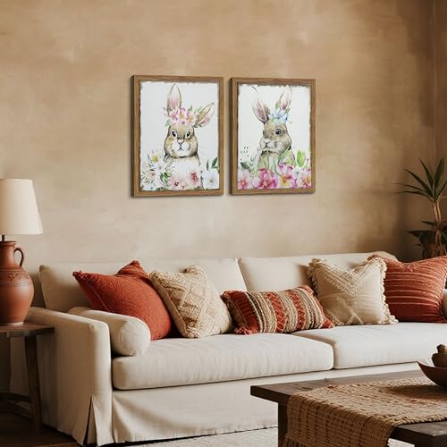 Framed Vintage Easter Wall Art Decor, Easter Bunny Picture Wall Decorations Set of 2, Spring Rustic Rabbit Poster Prints Painting for Kids Room Living Room Bedroom 16x24 Inch - color: Cute white rabbit, size: 24"L x 16"W