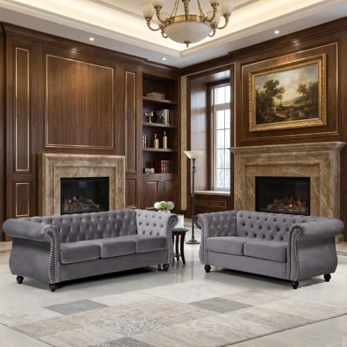 GDFStudio 82.6" Velvet Sofa Set, Modern Living Room Couch Set, Upholstered Sofa Loveseat Chair Set, Chesterfield with Button Tufted Back Rolled Arms Wood Tapered Feet for Apartment Living Room, Gray - color: Grey, size: 3+2+1 Seat