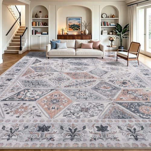 Moroccan Patchwork Washable Area Rug 6x9 for Living Room, Ivory Beige | Distressed Floral Farmhouse Rug for Bedroom Nursery, Neutral Non Slip Low Pile Carpet for Office Dorm Apartment - color: Beige, size: 6x9 Feet