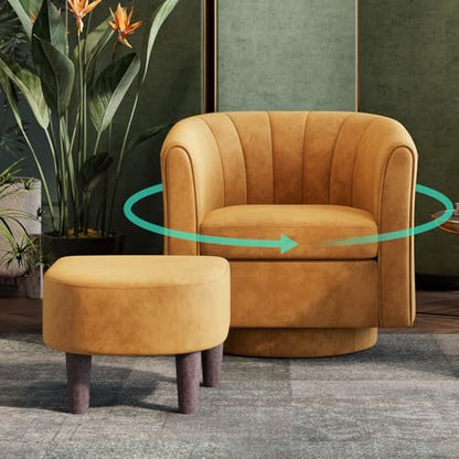 LINSY Swivel Accent Chair with Ottoman: Small Velvet Barrel Chair 360 Swivel Modern Armchair, Upholstered Reading Chair with Footrest for Living Room Bedroom Study Room (Yellow) - color: Yellow, size: Small