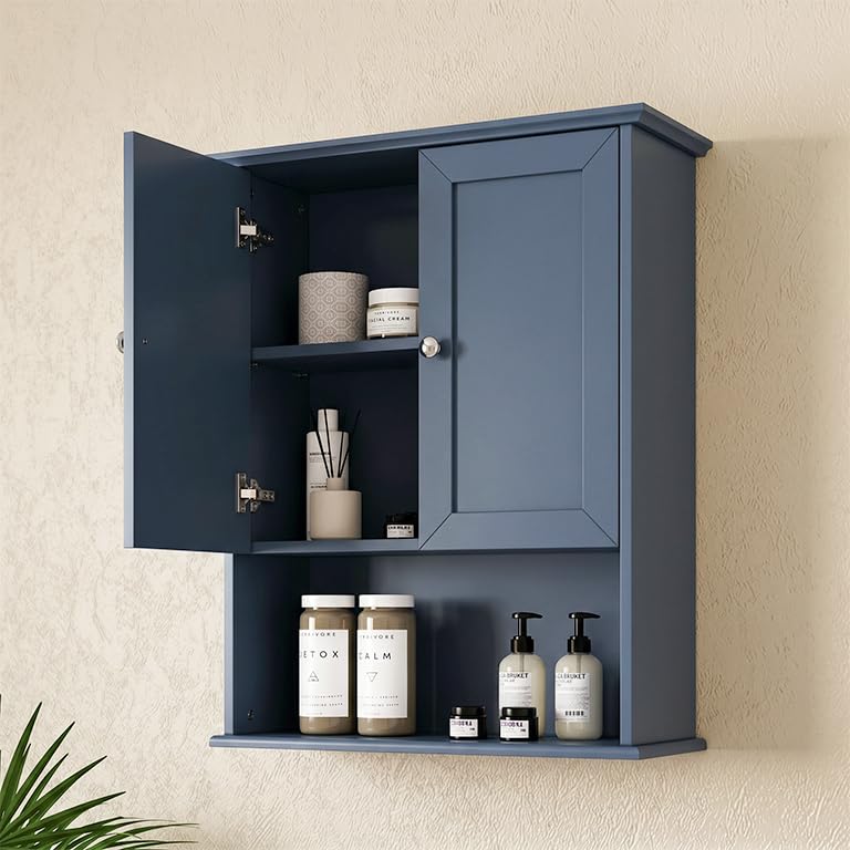 Medicine Cabinet, Over The Toilet Storage Cabinet, 24x30 Inch Wall Mount Bathroom Storage Cabinet with 2 Doors & Adjustable Shelf, Wooden Bathroom Wall Cabinet, Blue - color: Blue