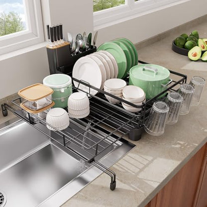 Runnatal Dish Drying Rack - Expandable Large Dish Rack Over Sink | Drying Dish Drainer for Kitchen Counter, Stainless Steel Dish Strainer with Utensil Holder & Cup Holder, Black - color: Black