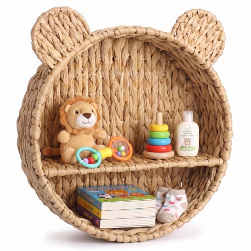 Bear Nursery Wall Shelf Decor Boho Rattan Wicker Floating Shelves Handwoven Natural Rattan Hanging Organizer Storage Basket for Small Books Toys Nursery Bathroom Living Room Bedroom Corner - style: Bear