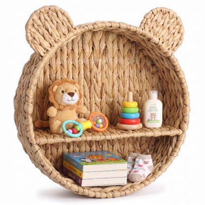 Bear Nursery Wall Shelf Decor Boho Rattan Wicker Floating Shelves Handwoven Natural Rattan Hanging Organizer Storage Basket for Small Books Toys Nursery Bathroom Living Room Bedroom Corner - style: Bear